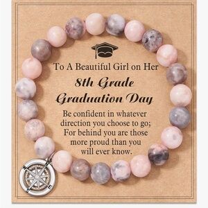 8th grade graduation Pink and Gray Beaded Bracelet with Compass Charm - handmade
